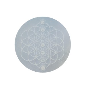 Selenite Charging Plate Round 10cm Flower of Life Chakra (Morocco)